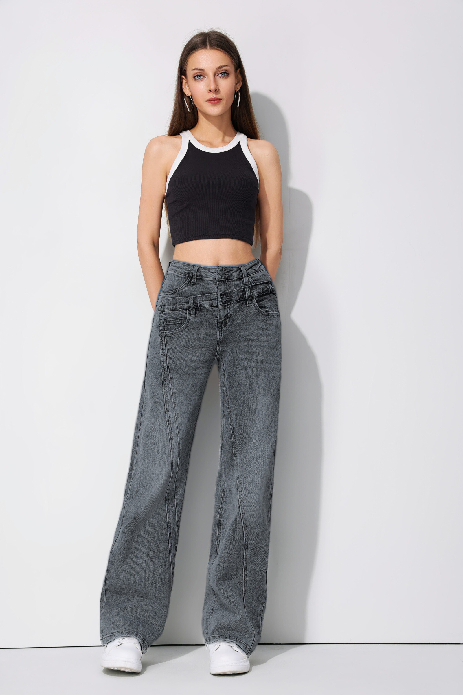Grossista HELLO MISS - Grandi jeans rilassati con doppia cintura