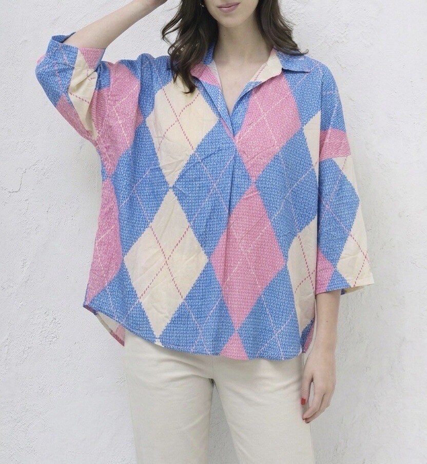 Grossiste HERYA - Blouse ample col chemise manches 3/4 motif argyle