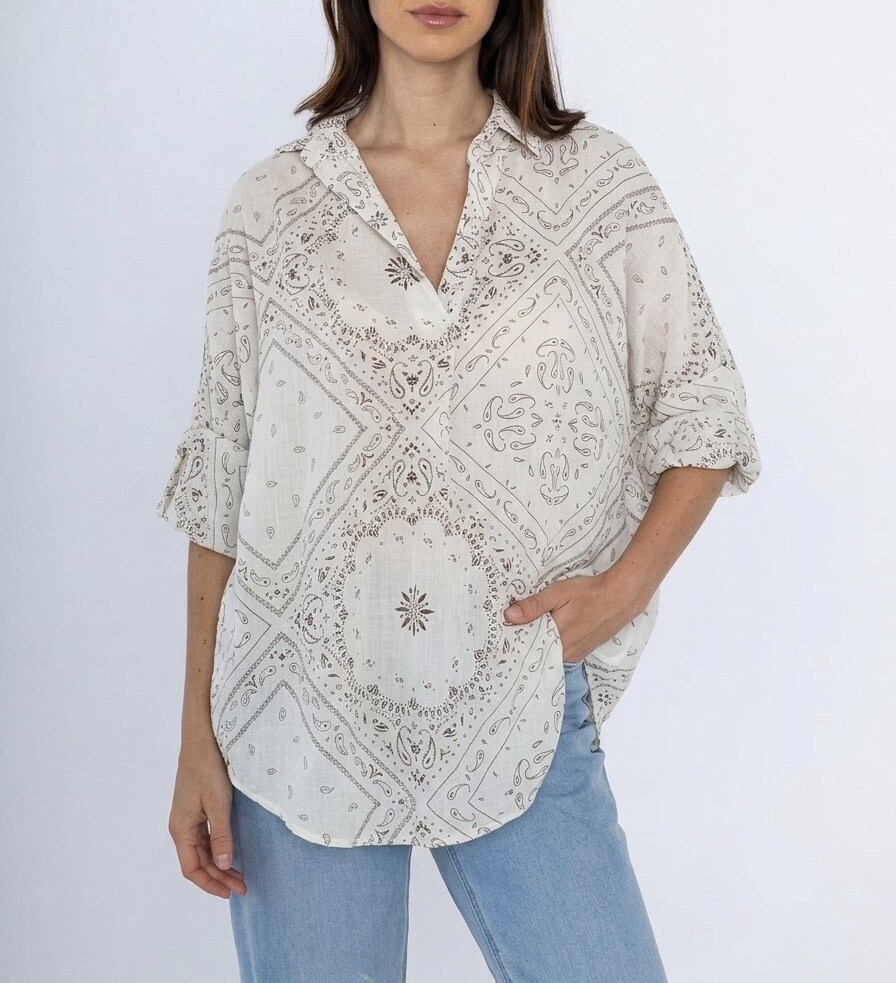 Grossiste HERYA - Blouse ample bohème manches longues col chemise imprimé Bandana Paisley