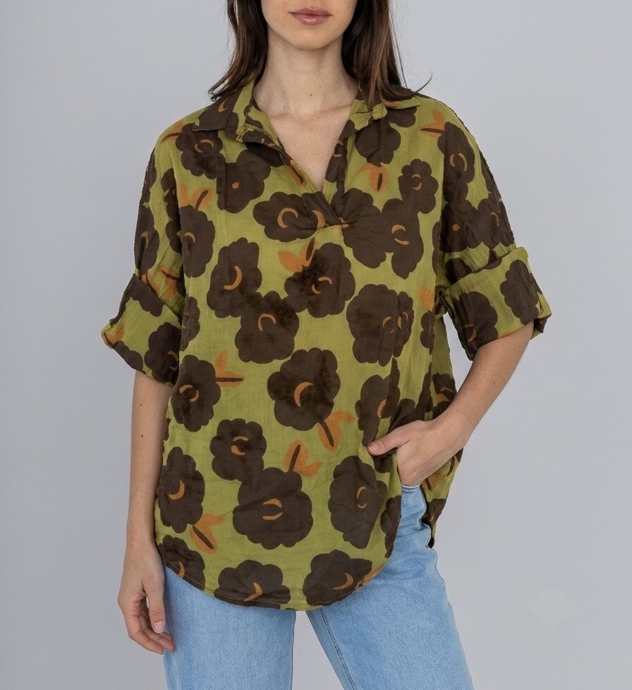 Wholesaler HERYA - Loose bohemian long-sleeved blouse with two-tone floral print shirt collar