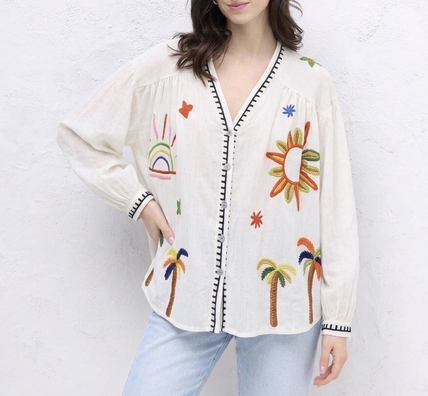 Grossiste HERYA - Chemise ample bohème manches longues poignets boutonnés encolure en V liserés argentés imprimé estival coloré avant et arrière