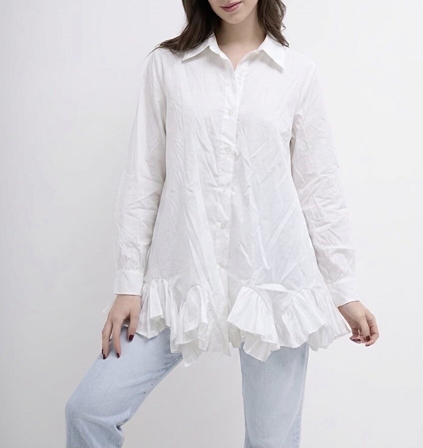 Mayorista HERYA - Blusa túnica acampanada con mangas largas, puños abotonados, cuello de camisa, acabado asimétrico con grandes volantes fruncidos en la parte inferior