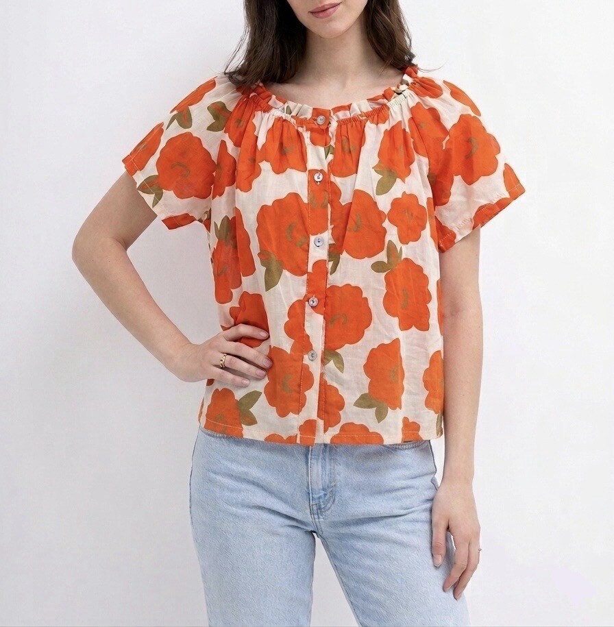 Grossiste HERYA - Chemise manches courtes encolure arrondie et froncée motif floral