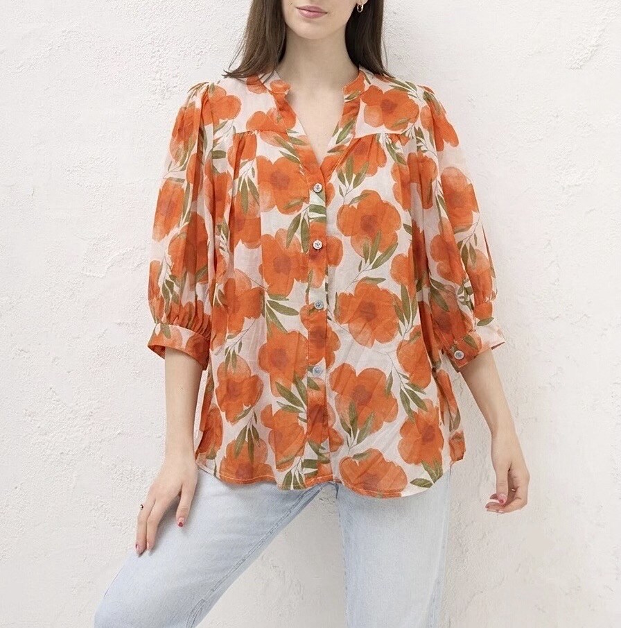 Grossista HERYA - Camicia bohémien con collo alla coreana e stampa floreale a maniche corte
