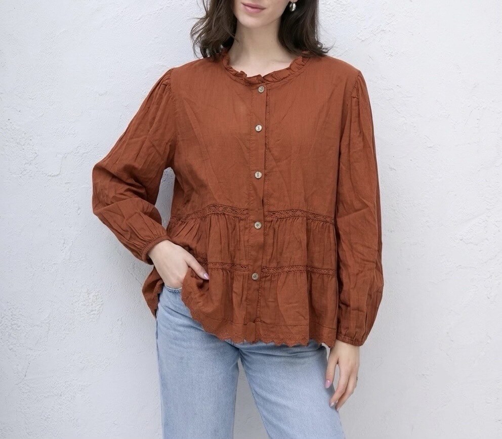 Grossista HERYA - Camicia boho con taglio svasato, maniche lunghe, scollo rotondo con volant, fasce di pizzo incastonate e orlo ricamato a festoni
