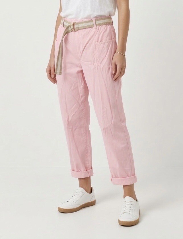 Grossiste HERYA - Pantalon toile taille élastiquée avec ceinture tressée amovible à rayure dotée d'une boucle dorée 2 grandes poches à l'avant