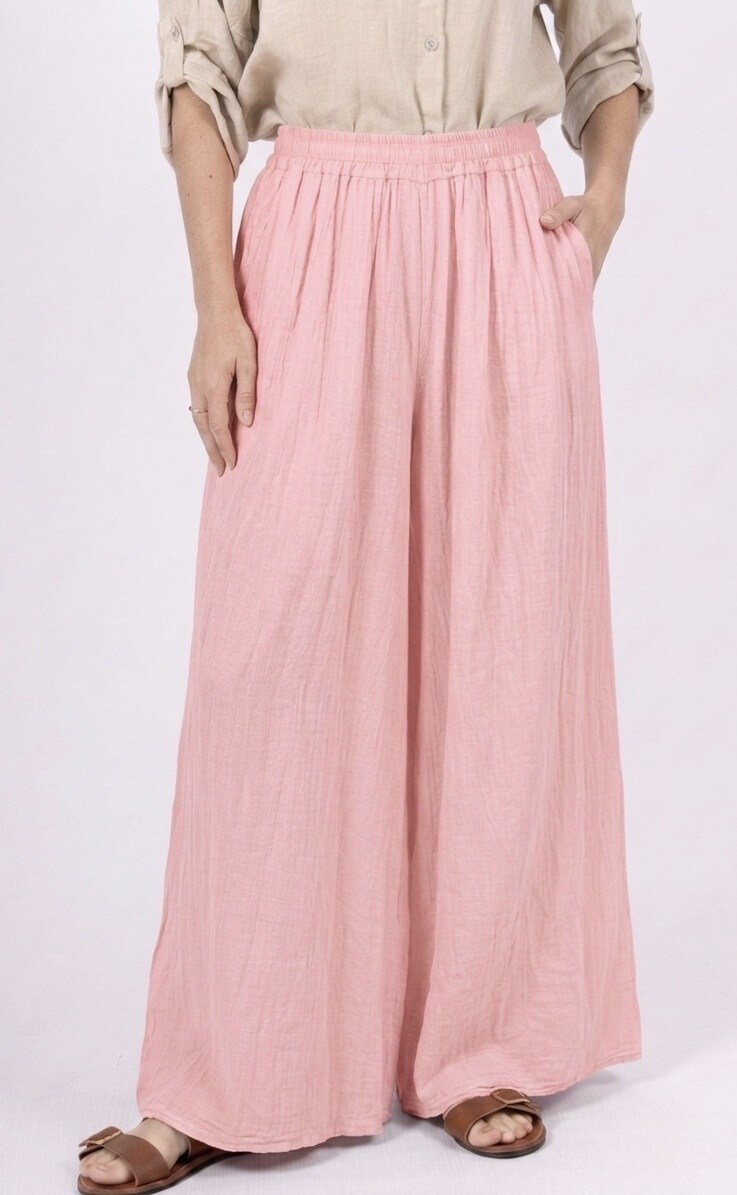 Grossiste HERYA - Pantalon palazzo ample évasé taille élastiquée et froncée avec un large bandeau smocké 2 poches latérales