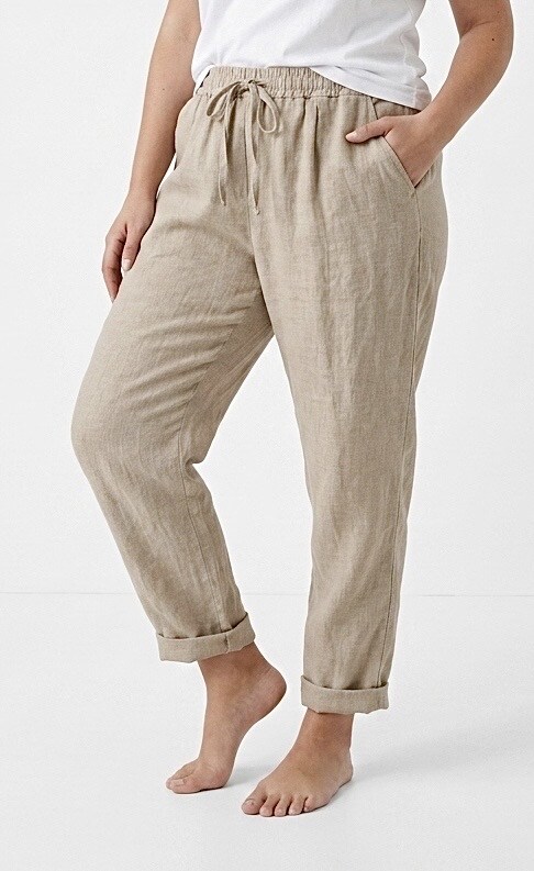 Grossiste HERYA - Pantalon en lin jambes fuselées taille élastiquée dotée d'un cordon de serrage 2 poches latérales