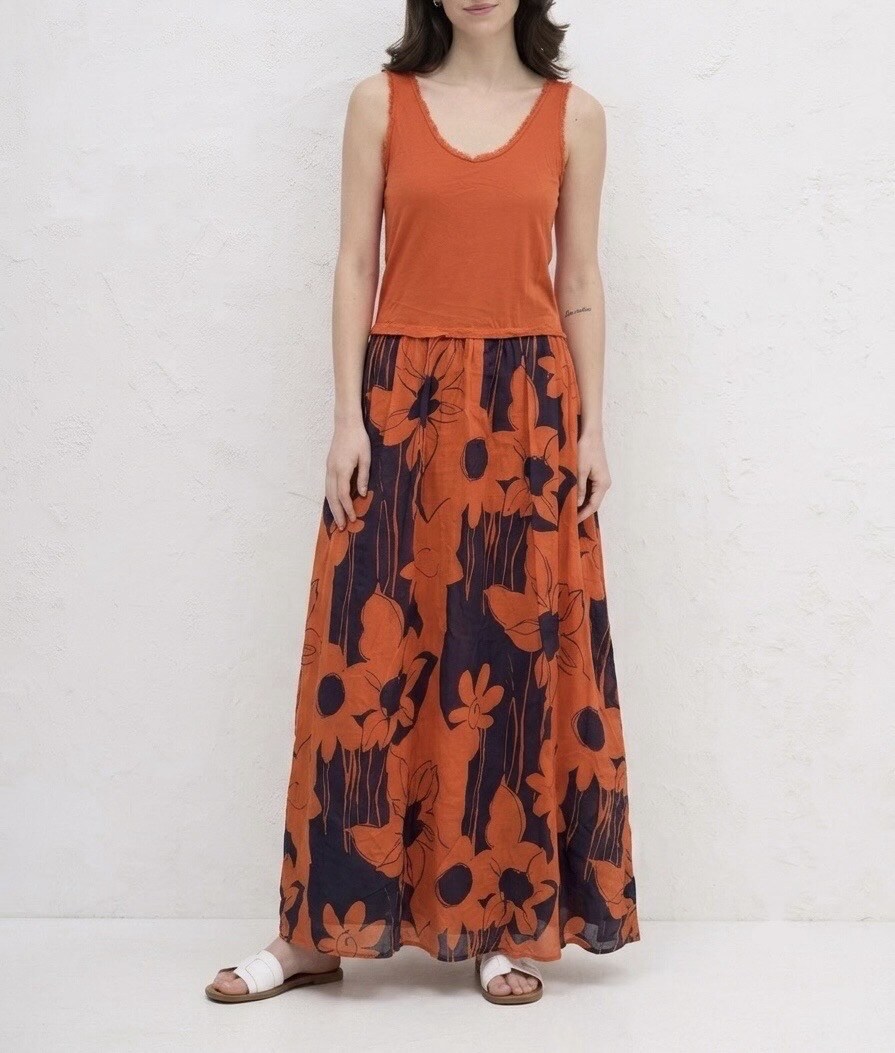 Wholesaler HERYA - Long two-material tank dress with round neck and frayed armholes, floral pattern