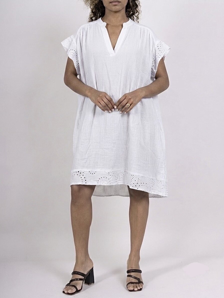 Wholesaler HERYA - LINEN COTTON DRESS WITH EMBROIDERED SLEEVE AND HEM DETAILS