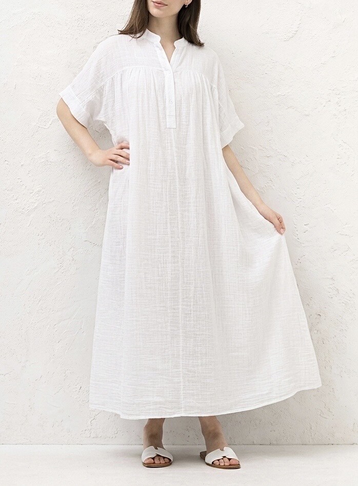 Wholesaler HERYA - LONG COTTON LINEN MIDDLE BUTTONED MAO COLLAR DRESS