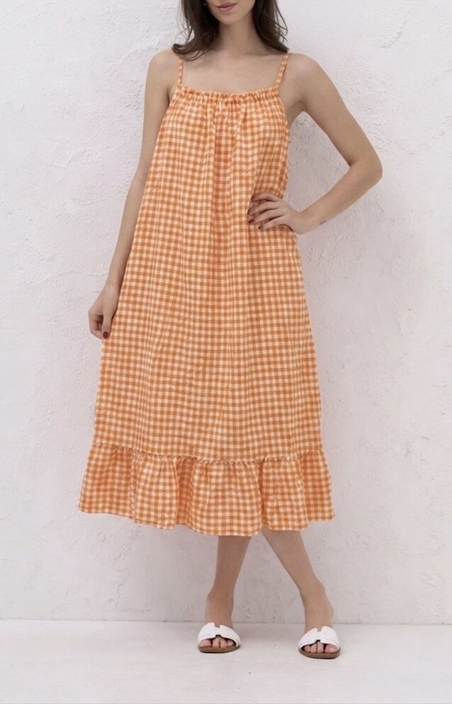 Wholesaler HERYA - Midi strap dress with elastic collar and gathered gingham pattern, large checks