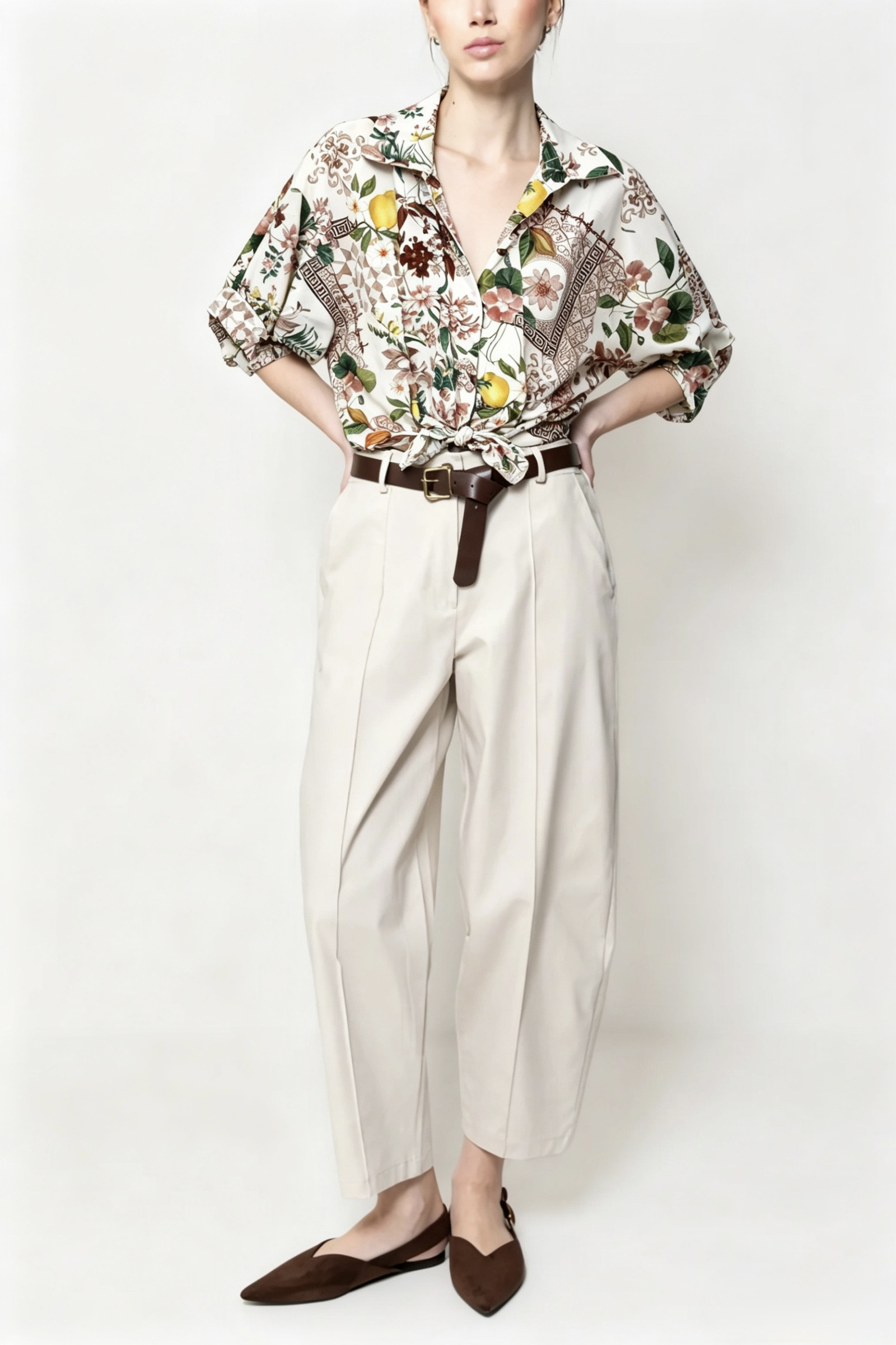 Mayorista HF Fashion - Camisa oversize con estampado, cuello clásico y mangas tres cuartos