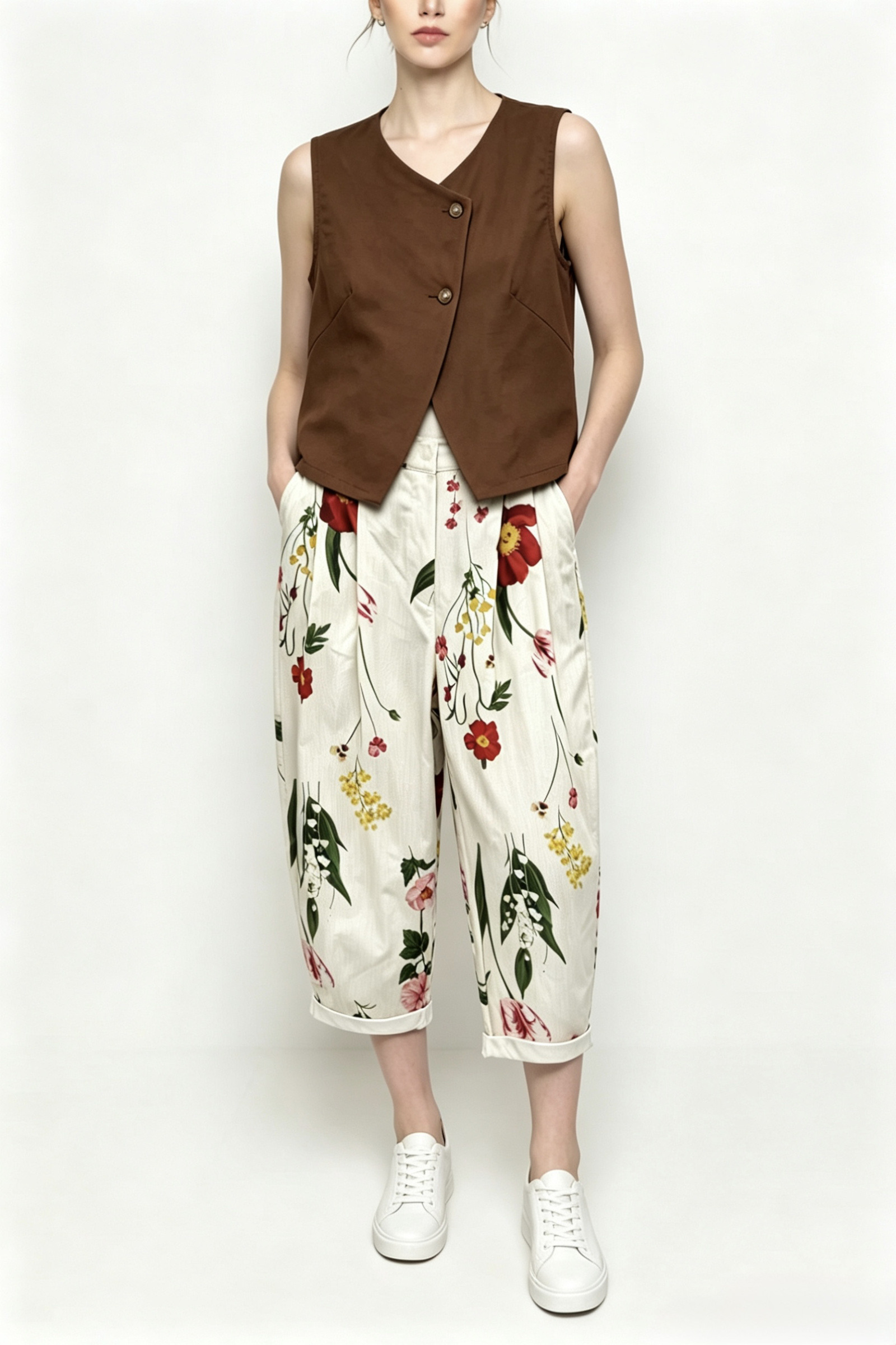 Wholesaler HF Fashion - Patterned balloon trousers with pleats and front zip and button closure