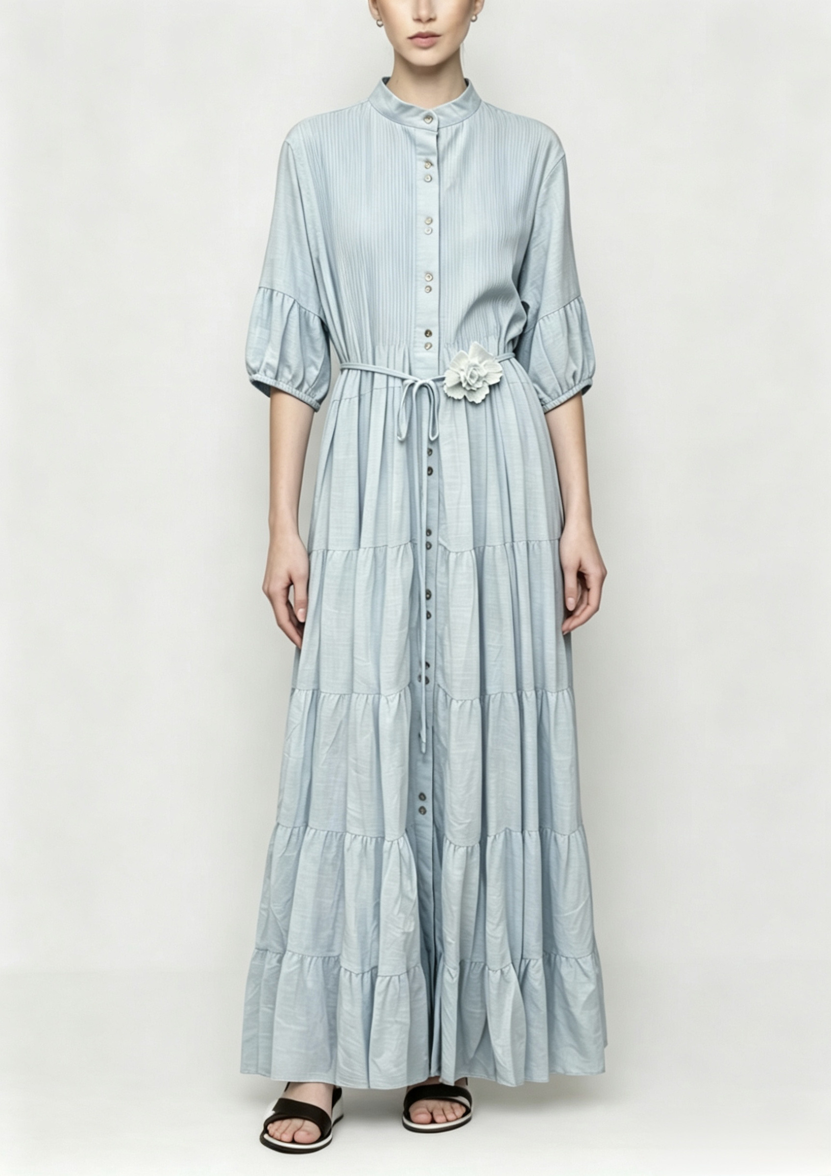 Wholesaler HF Fashion - Long tiered dress with front button closure, three-quarter sleeves, and a slim floral belt