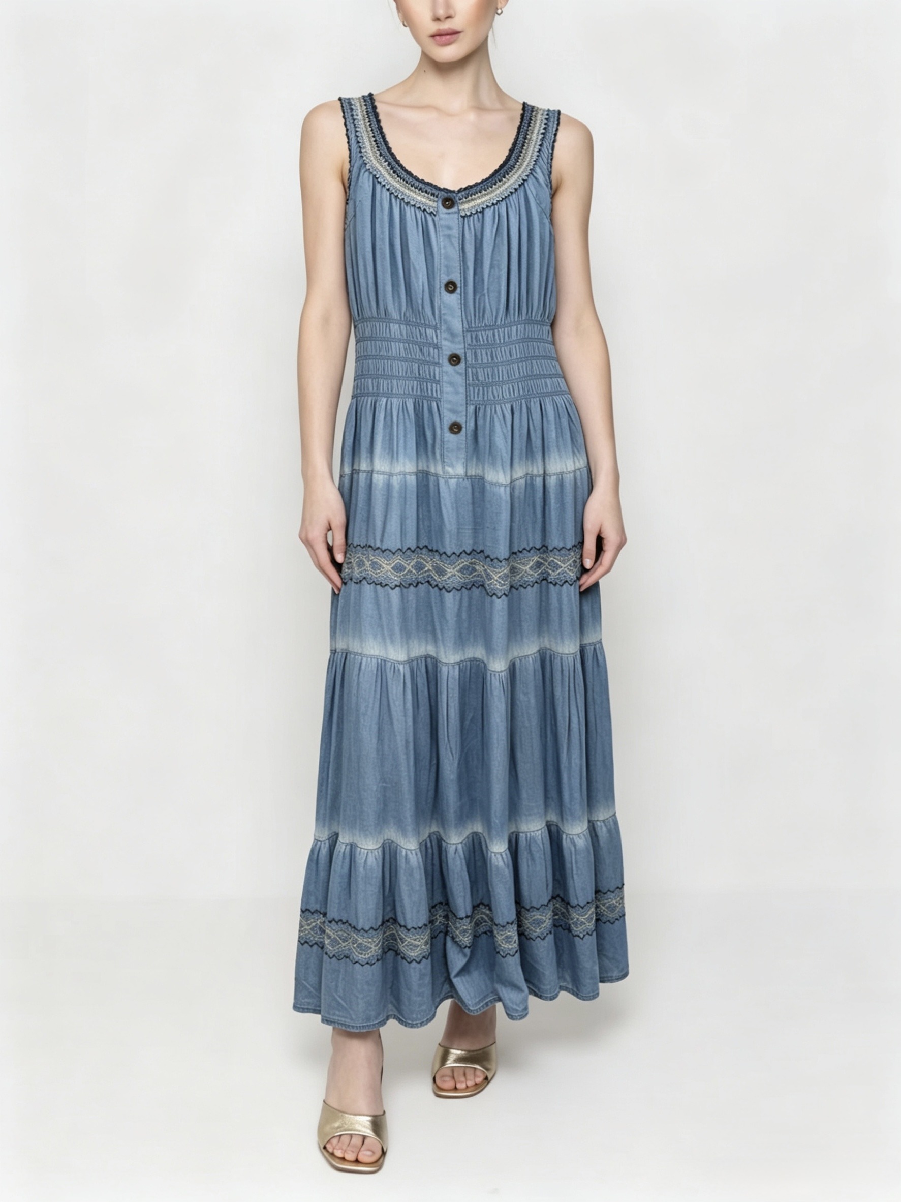 Mayorista HF Fashion - Vestido largo sin mangas de denim ligero con escote amplio elástico e inserciones bordadas