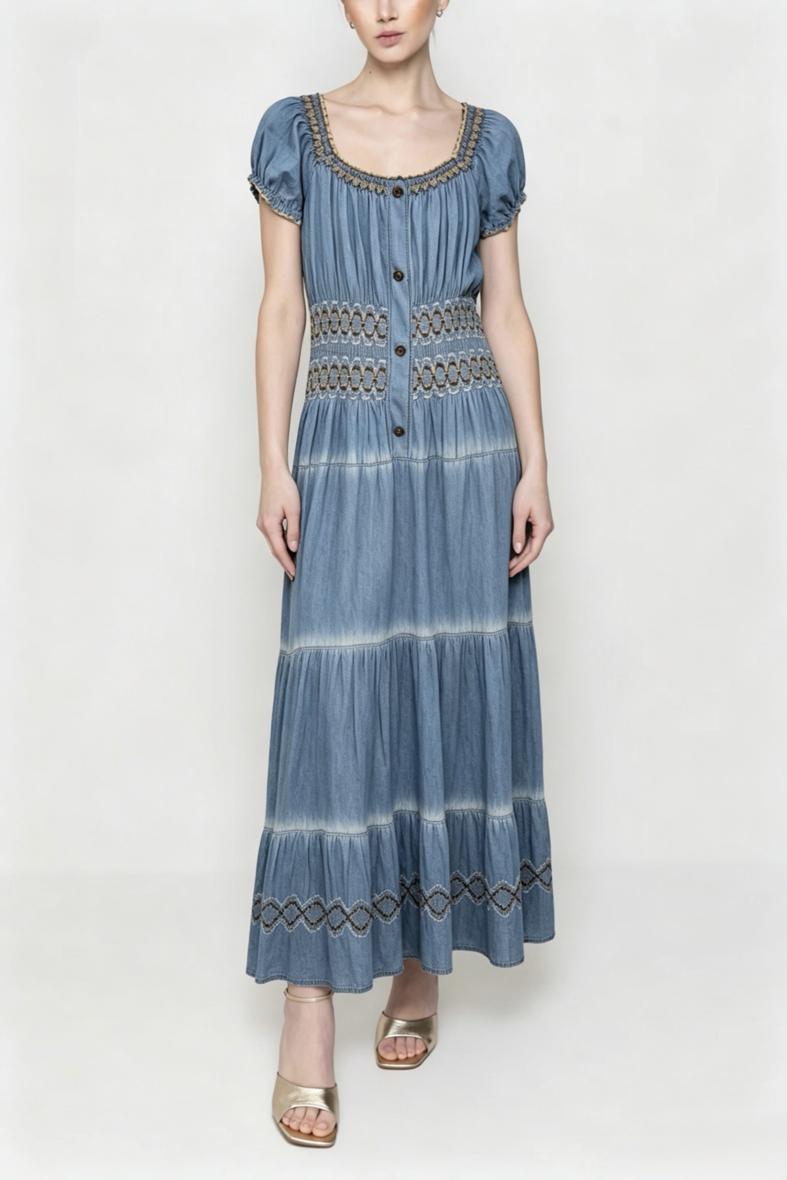 Mayorista HF Fashion - Vestido largo de denim ligero con escote elástico, mangas abullonadas y bordados en la cintura