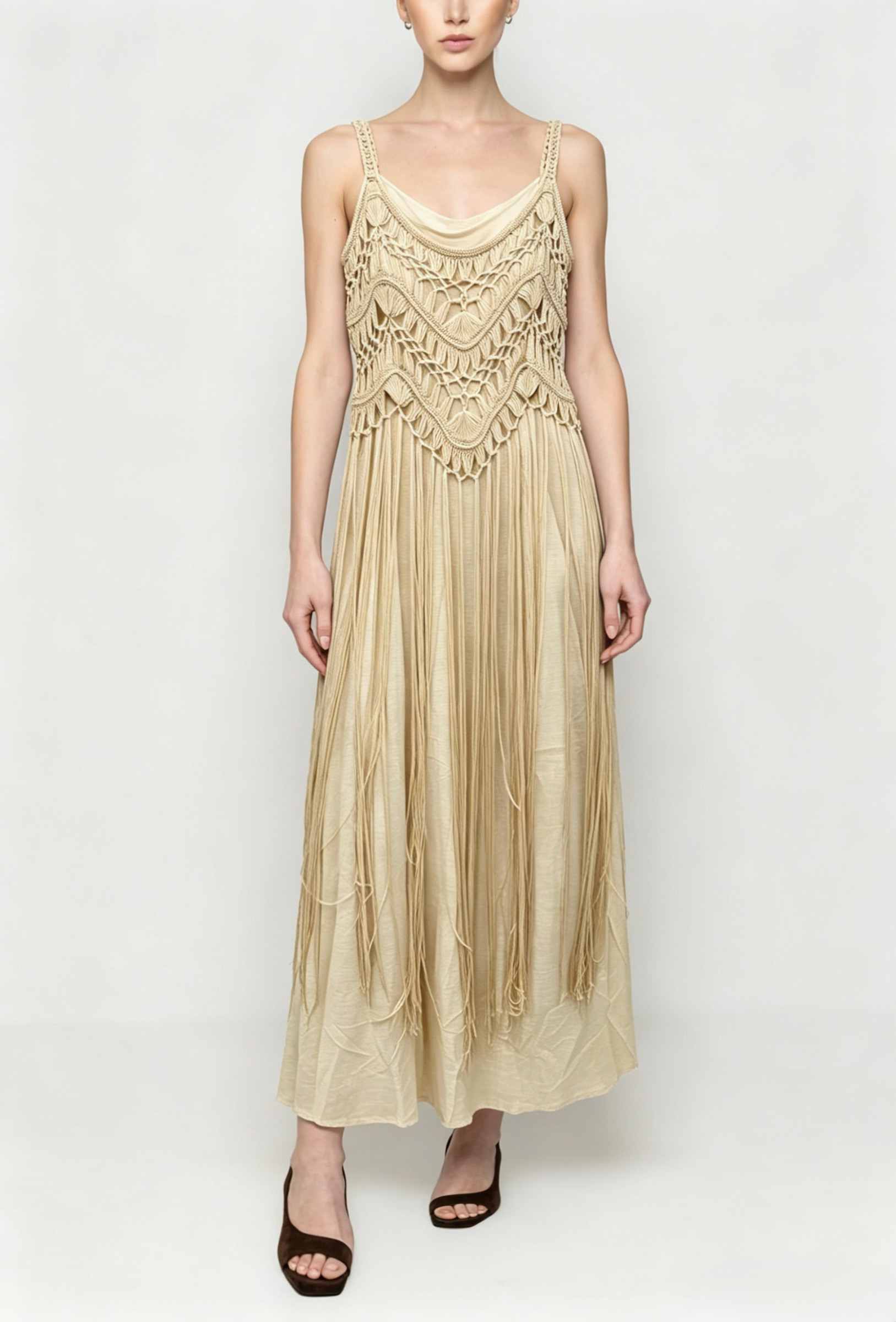 Wholesaler HF Fashion - Long dress with macramé bodice and fringe details