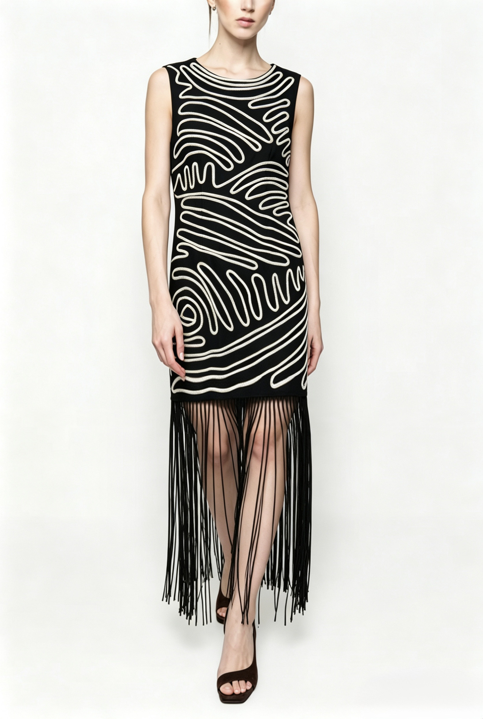 Wholesaler HF Fashion - Sleeveless midi dress with raised thread detail and fringes at the hem