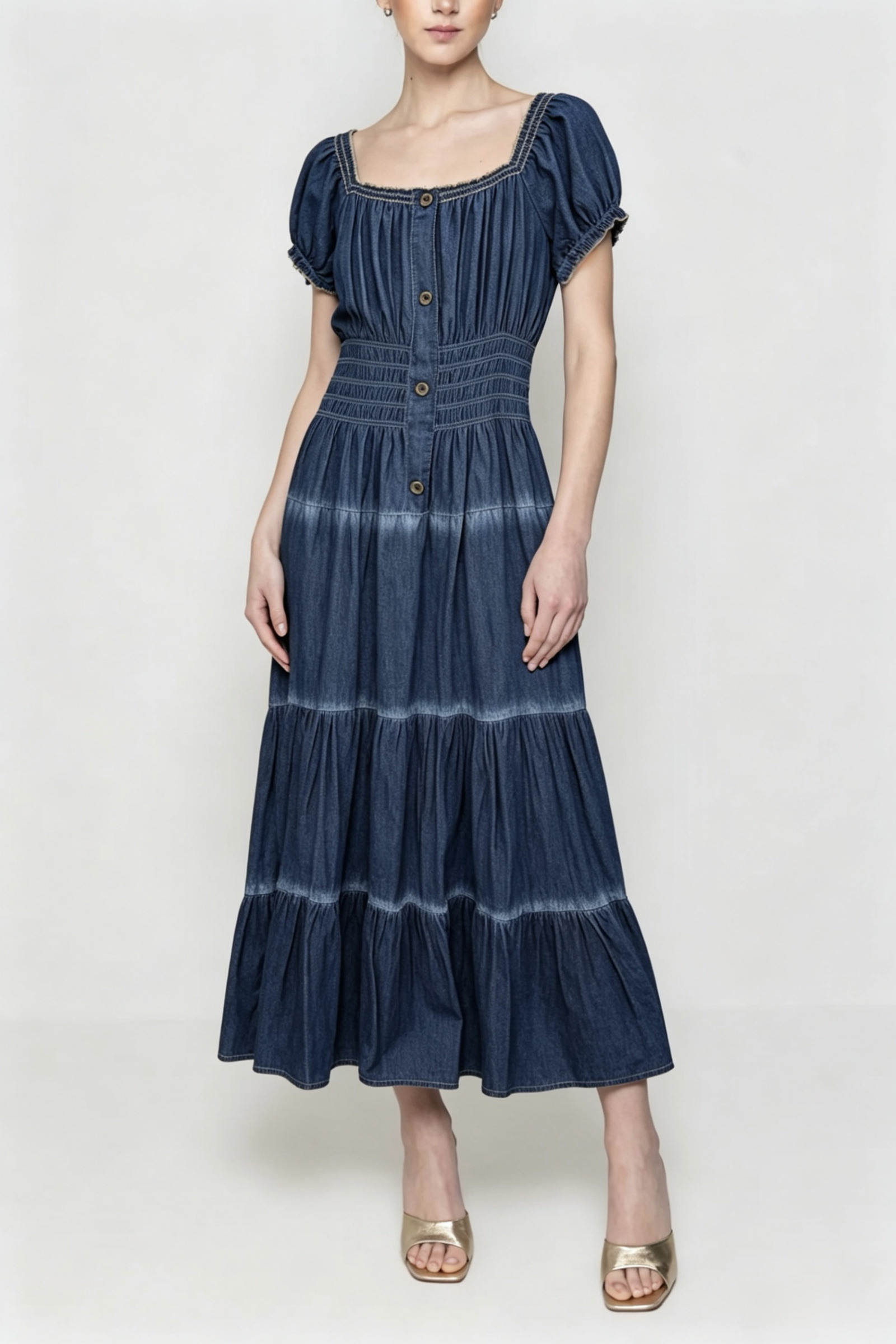 Mayorista HF Fashion - Vestido largo de denim ligero con escote amplio elástico y mangas abullonadas sin mangas