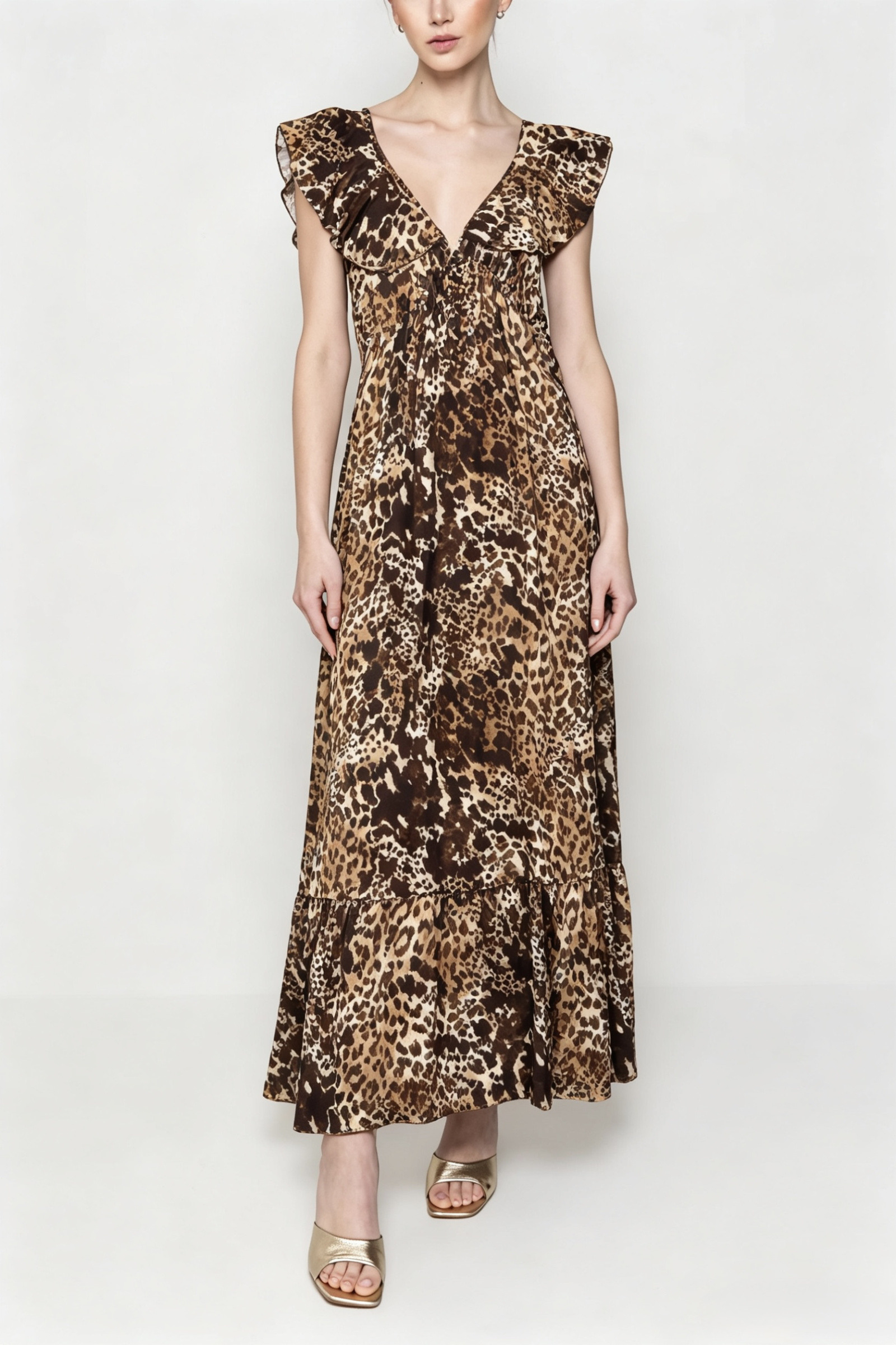 Mayorista HF Fashion - Vestido largo con estampado de leopardo, escote en V profundo y volantes en los hombros