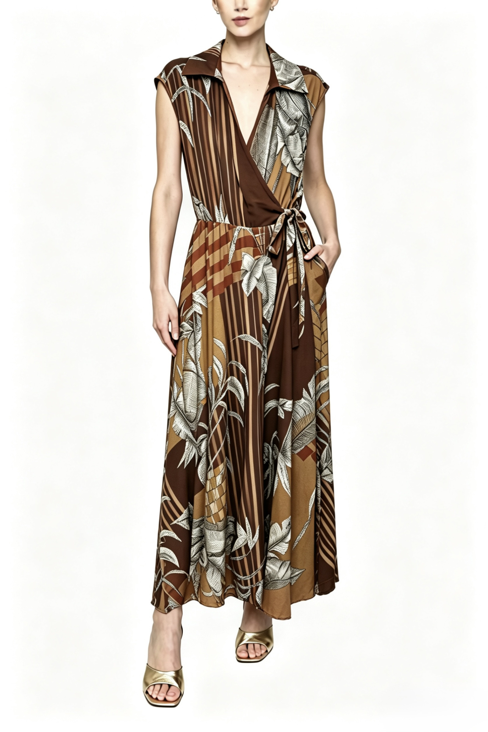 Mayorista HF Fashion - Vestido con escote en V cruzado, cintura definida por un nudo lateral y dos bolsillos