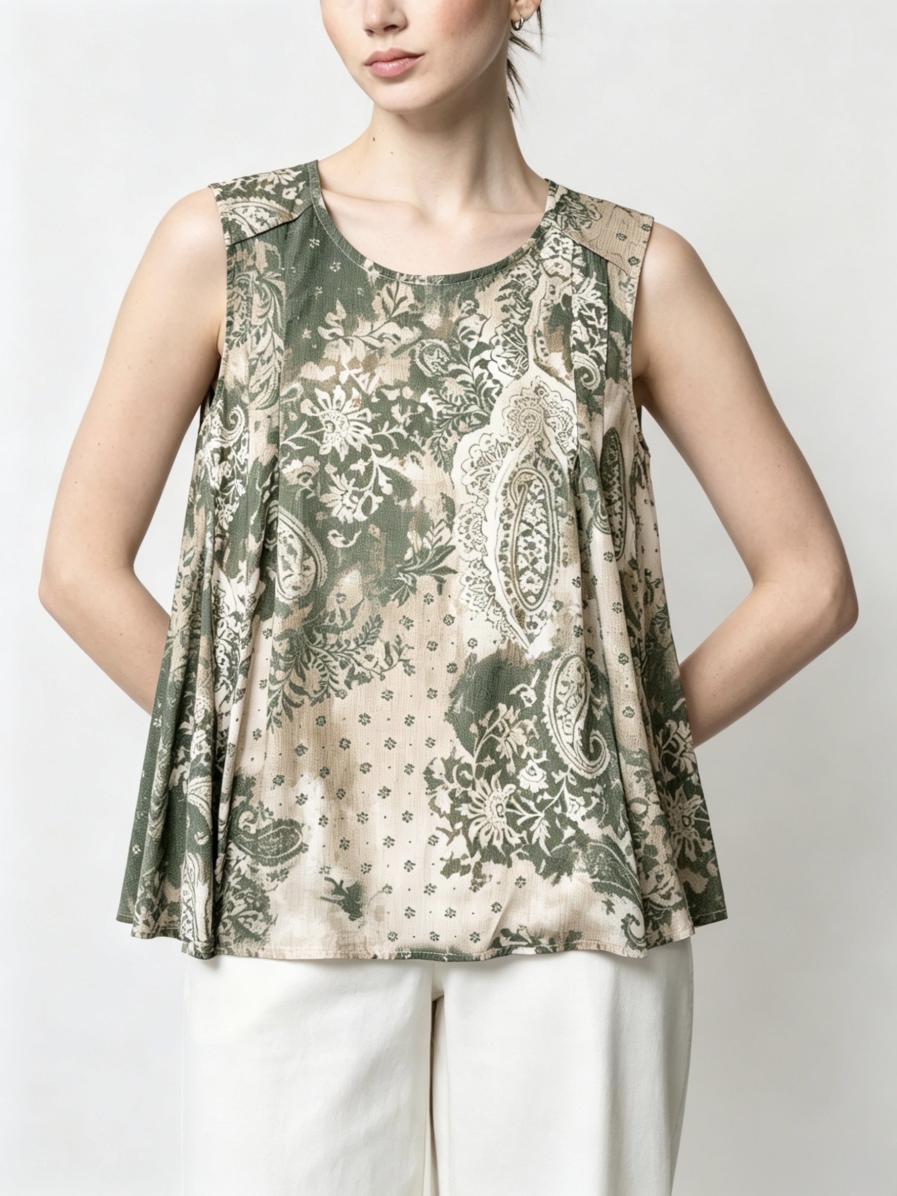 Mayorista HF Fashion - Top sin mangas estampado, corte amplio con pliegues frontales