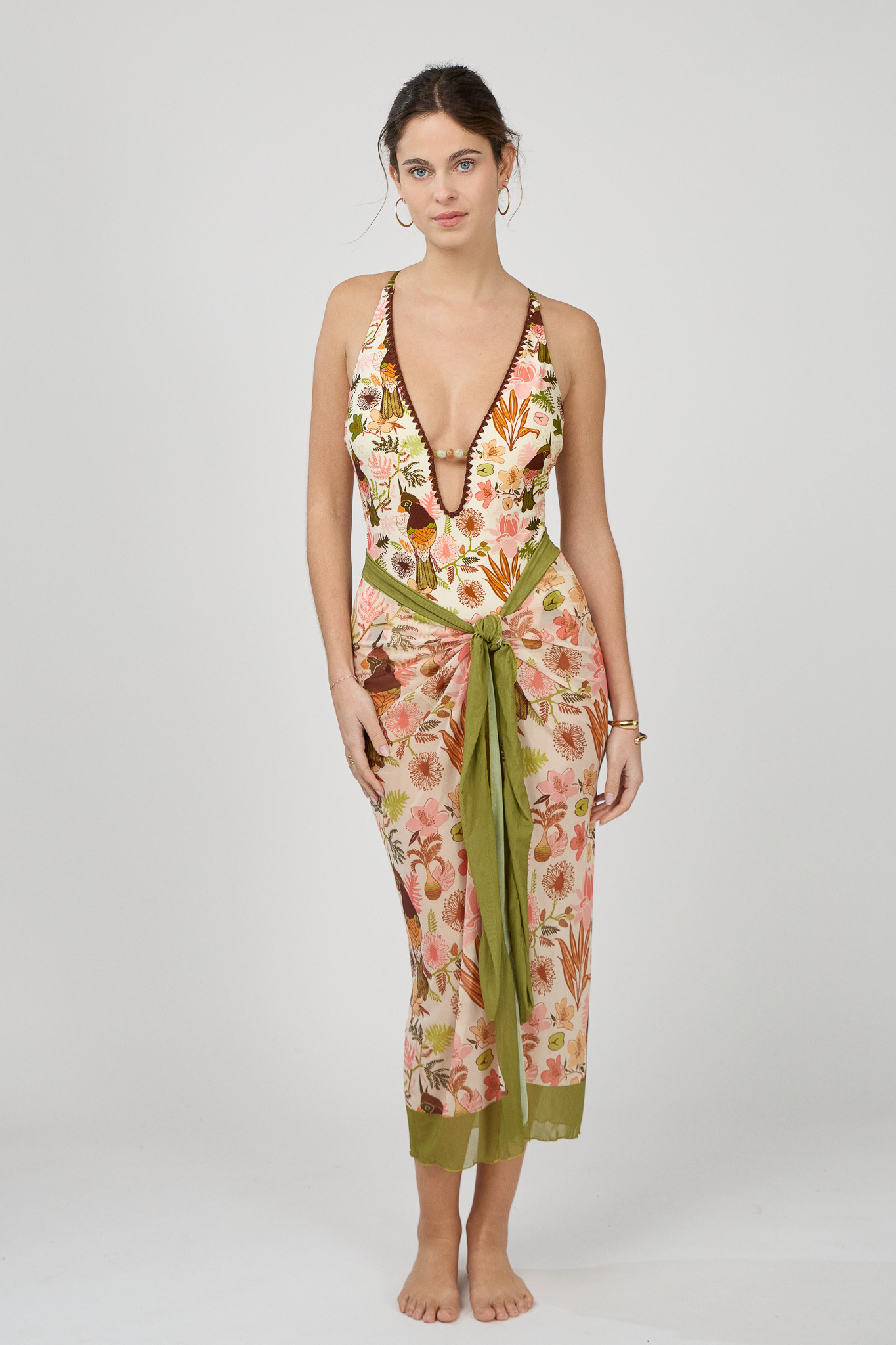Mayorista HIBIKINI - Conjunto de 3 piezas con traje de baño de una pieza con escote pronunciado y estampado floral