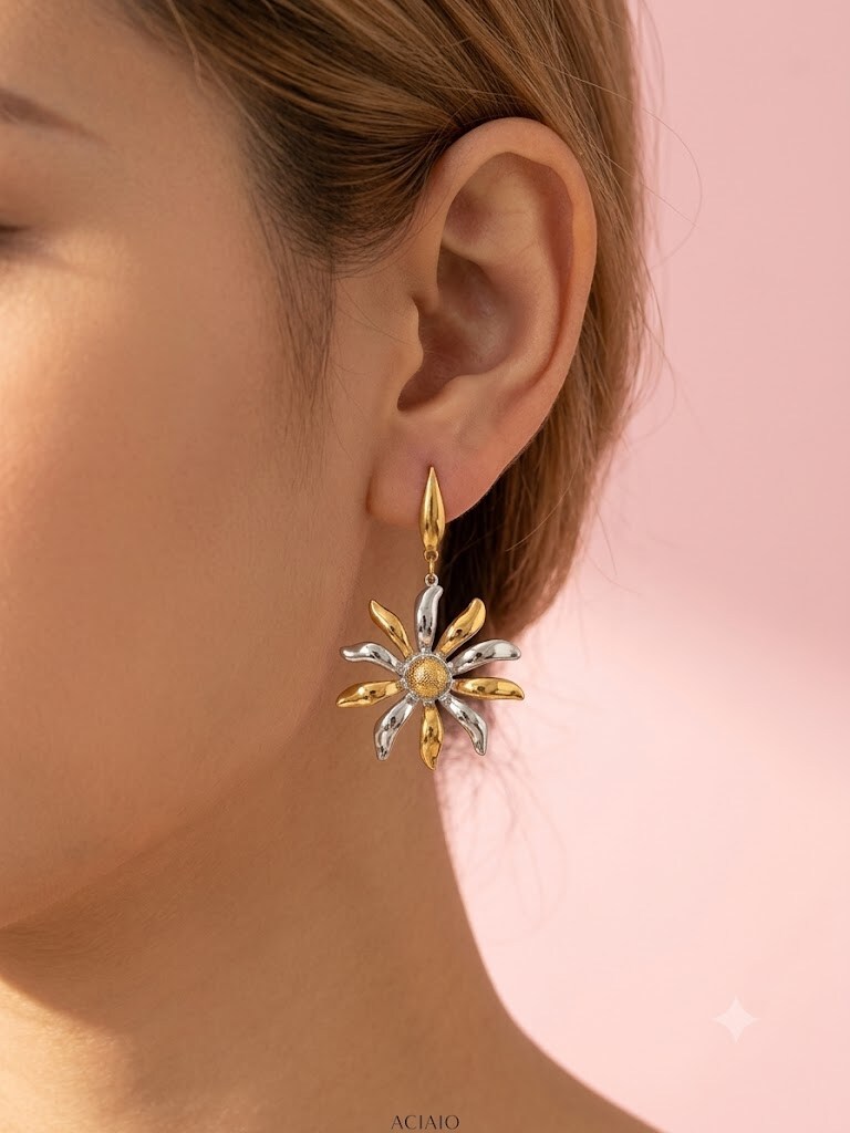Wholesaler I.L JOLI B - Two-tone flower drop earrings in stainless steel
