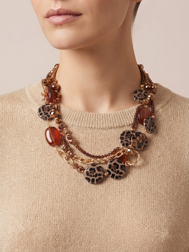 Mayorista I.L JOLI B - Collar de triple capa con estampado de leopardo en metal de fantasía