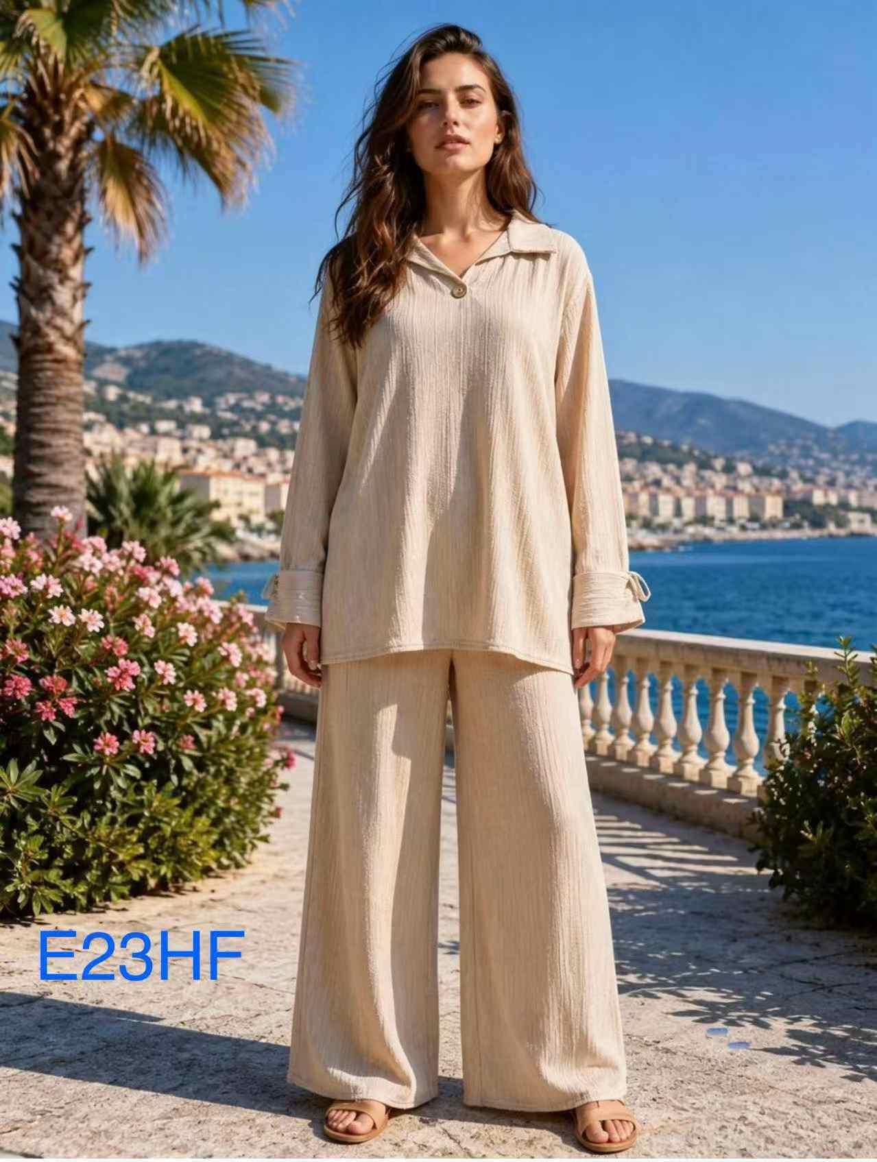 Grossiste I'Mod - Ensemble plissé 2 pièces tunique à col chemise boutonnée avec noeud sur manche et pantalon large