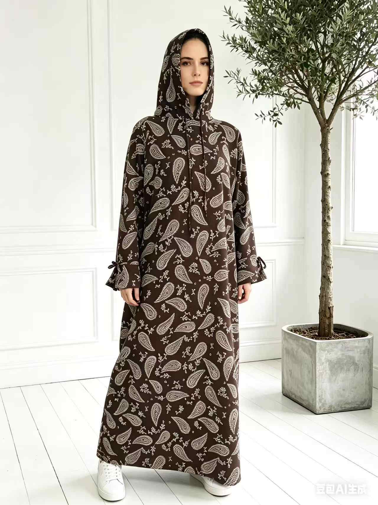 Wholesaler I'Mod - Printed hooded dress with knotted sleeves in jazz style