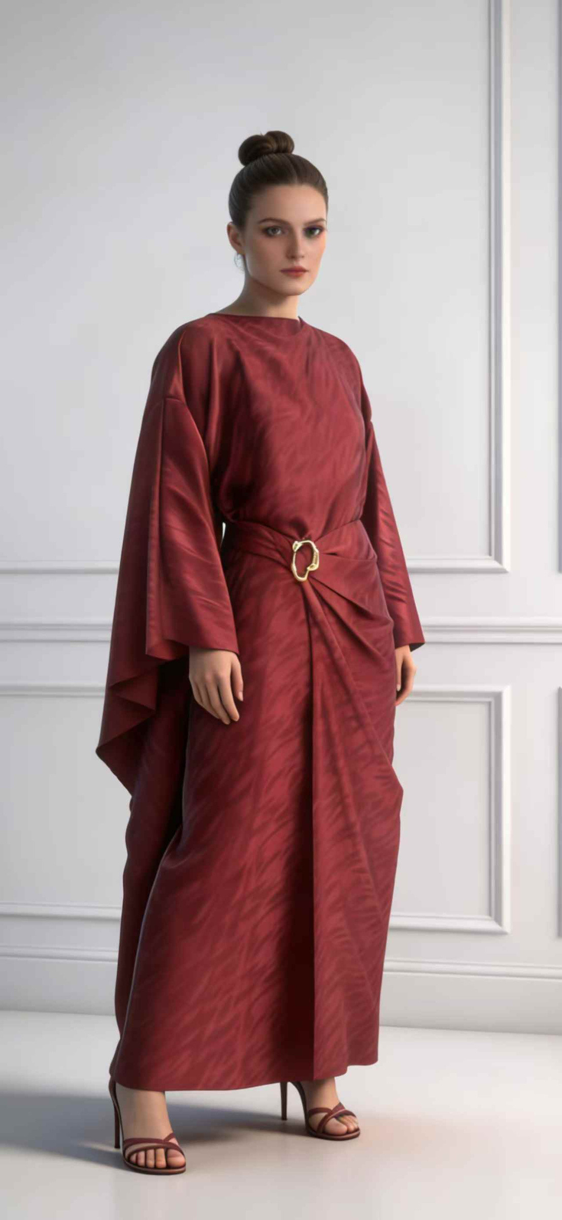 Grossiste I'Mod - Abaya robe drapée boucle à empiècement cape et ceinturée en satin imprimée