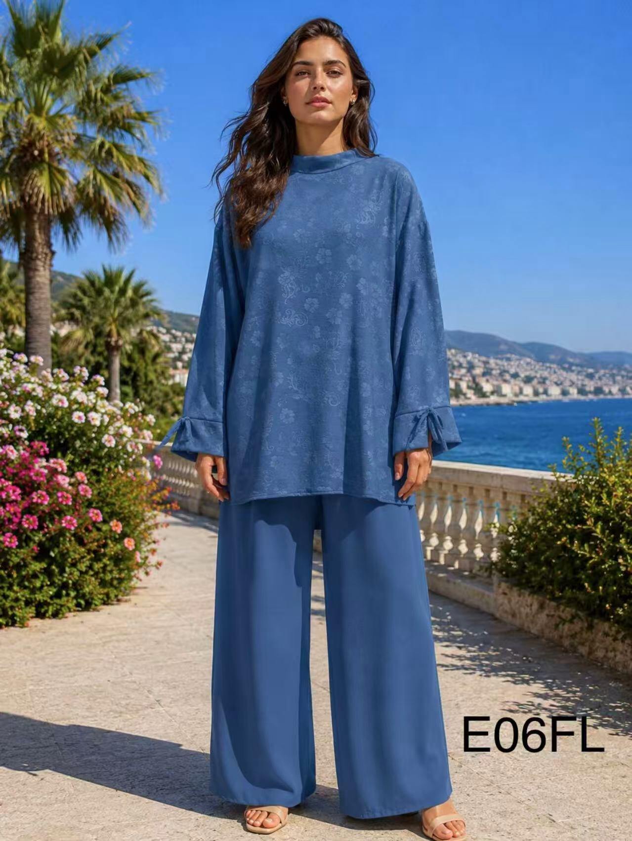 Grossiste I'Mod - Ensemble jazz imprimée 2 pièces tunique imprimée manches à noeud et pantalon uni