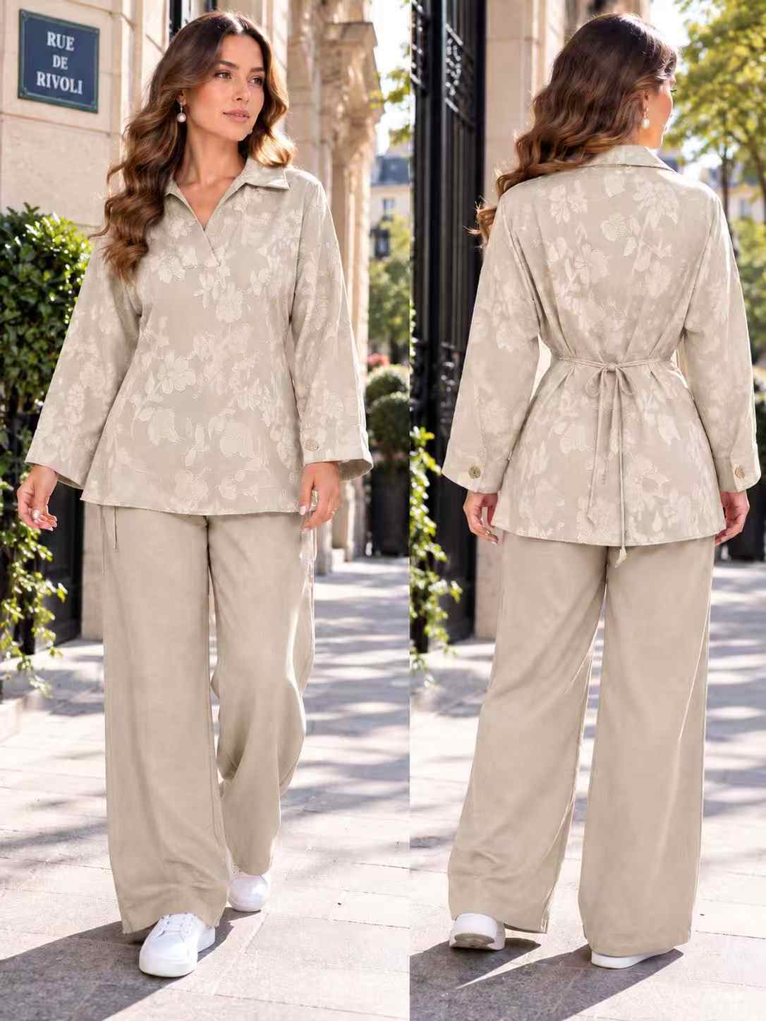 Grossiste I'Mod - Ensemble imprimé bi-stretch, ceinturé avec poches pantalon