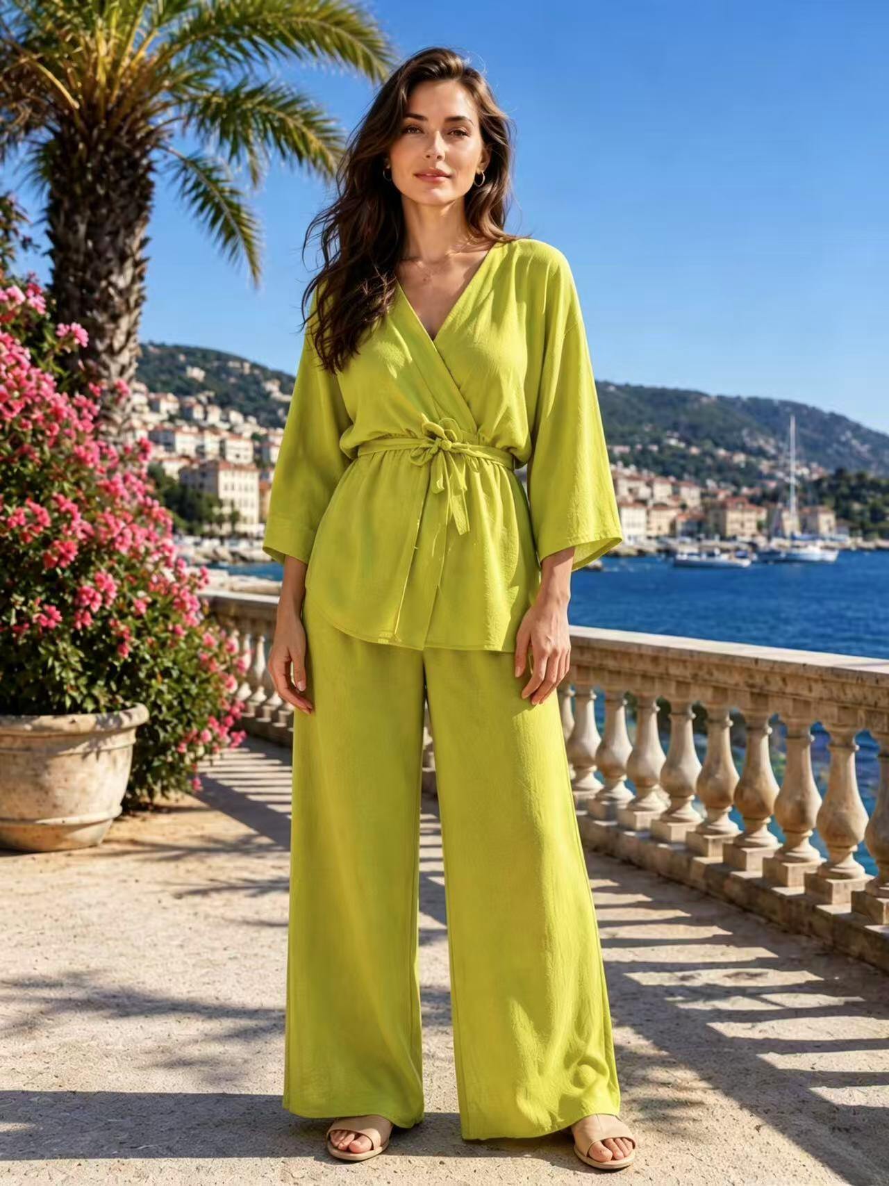 Grossiste I'Mod - Ensemble jazz tunique à cache cœur ceinturée et pantalon large