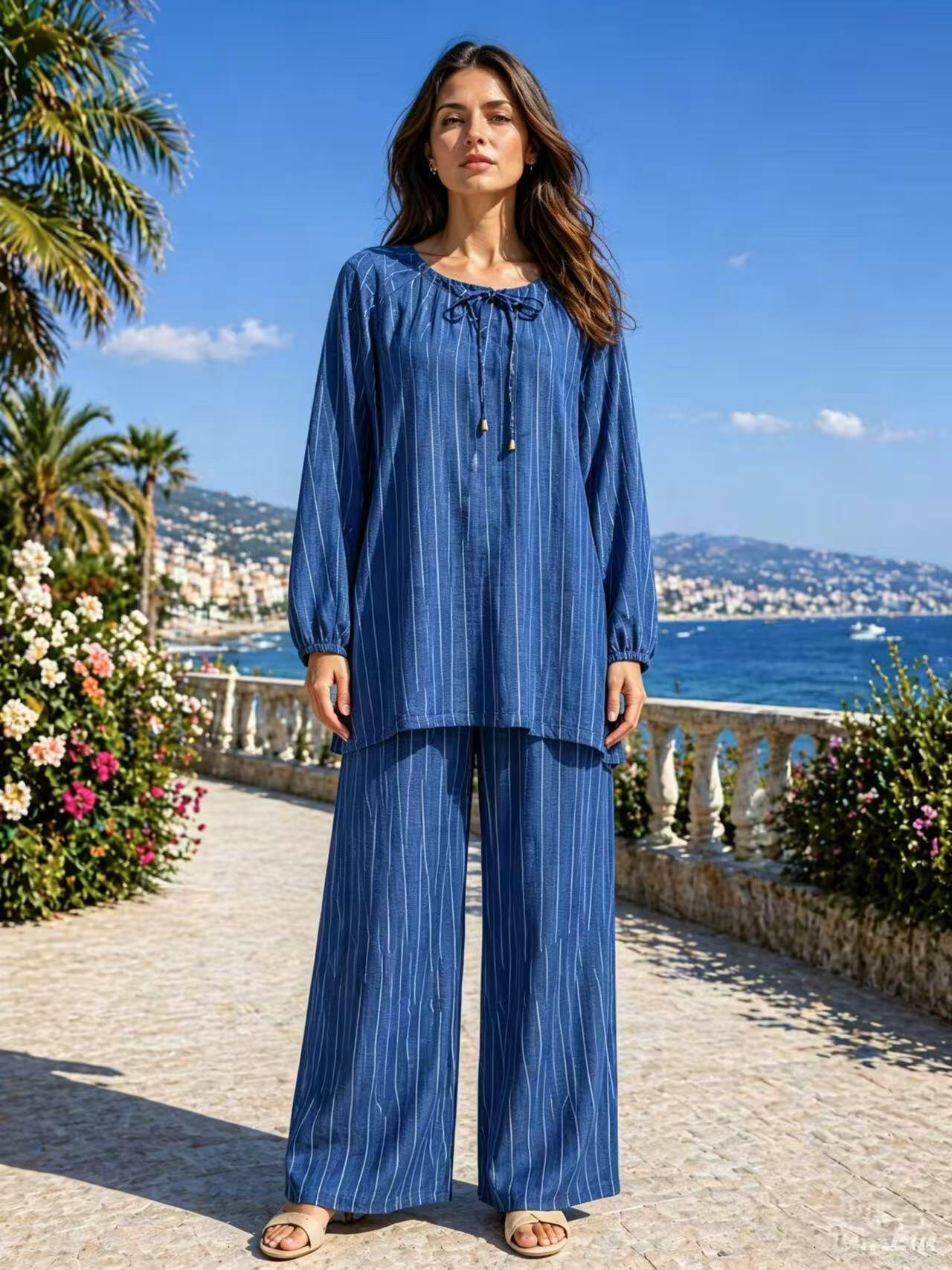 Grossiste I'Mod - Ensemble rayure effet lin 2 pièces tunique à noeud et pantalon large