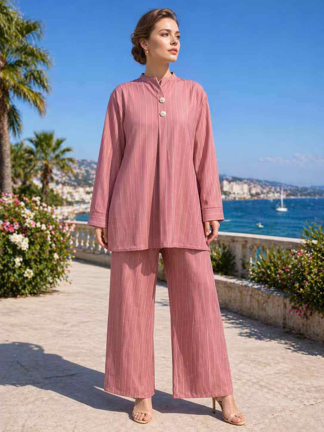 Grossiste I'Mod - Ensemble rayure effet lin 2 pièces tunique boutonnée et pantalon large