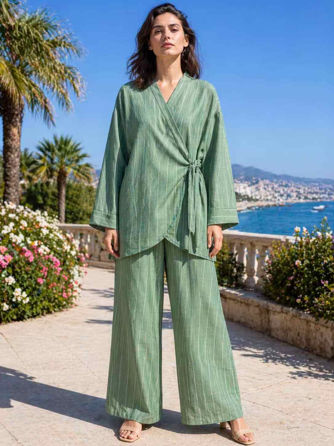 Grossiste I'Mod - Ensemble rayure effet lin 2 pièces kimono cache cœur et pantalon large