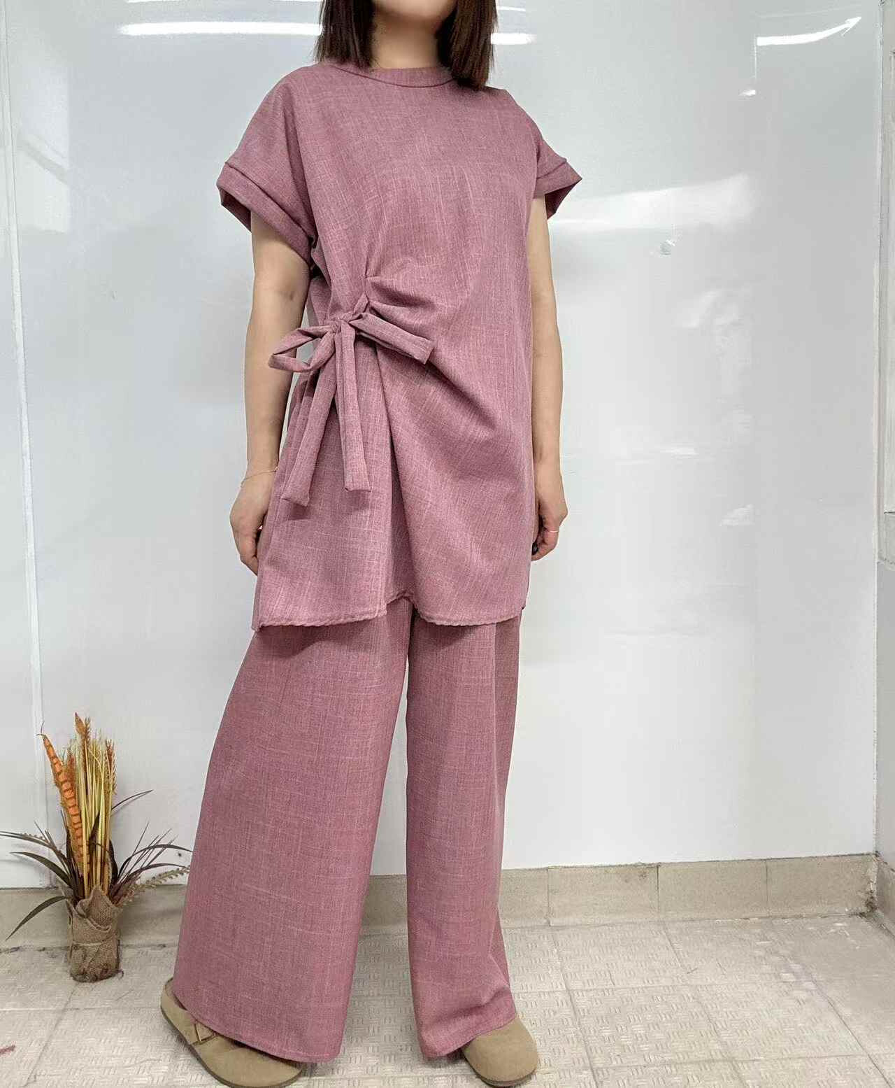 Grossiste I'Mod - Ensemble 2 pièces tunique manches courtes avec noeud et pantalon effet lin
