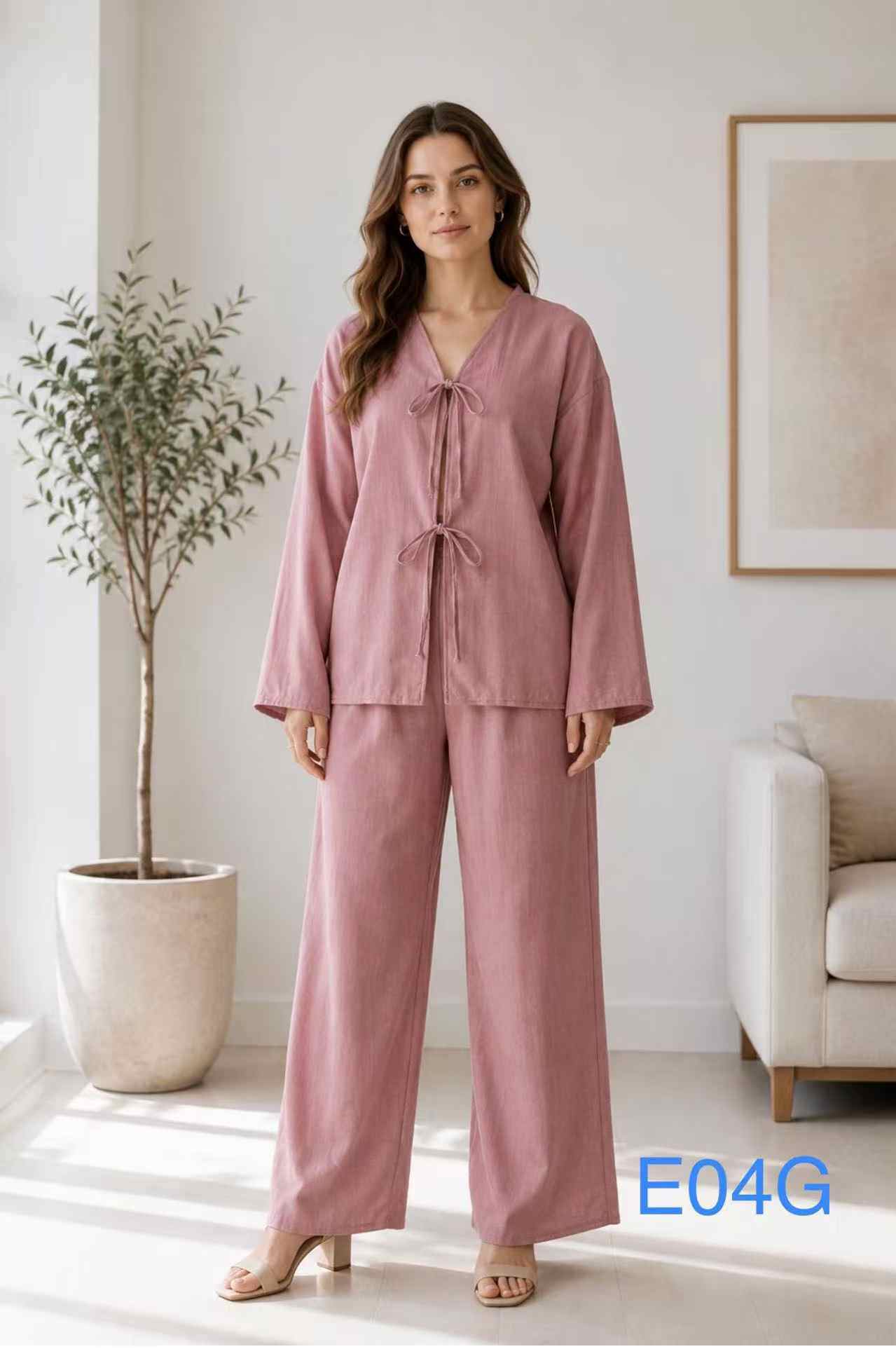 Grossiste I'Mod - Ensemble effet lin 2 pièces gilet à Noeud et pantalon large
