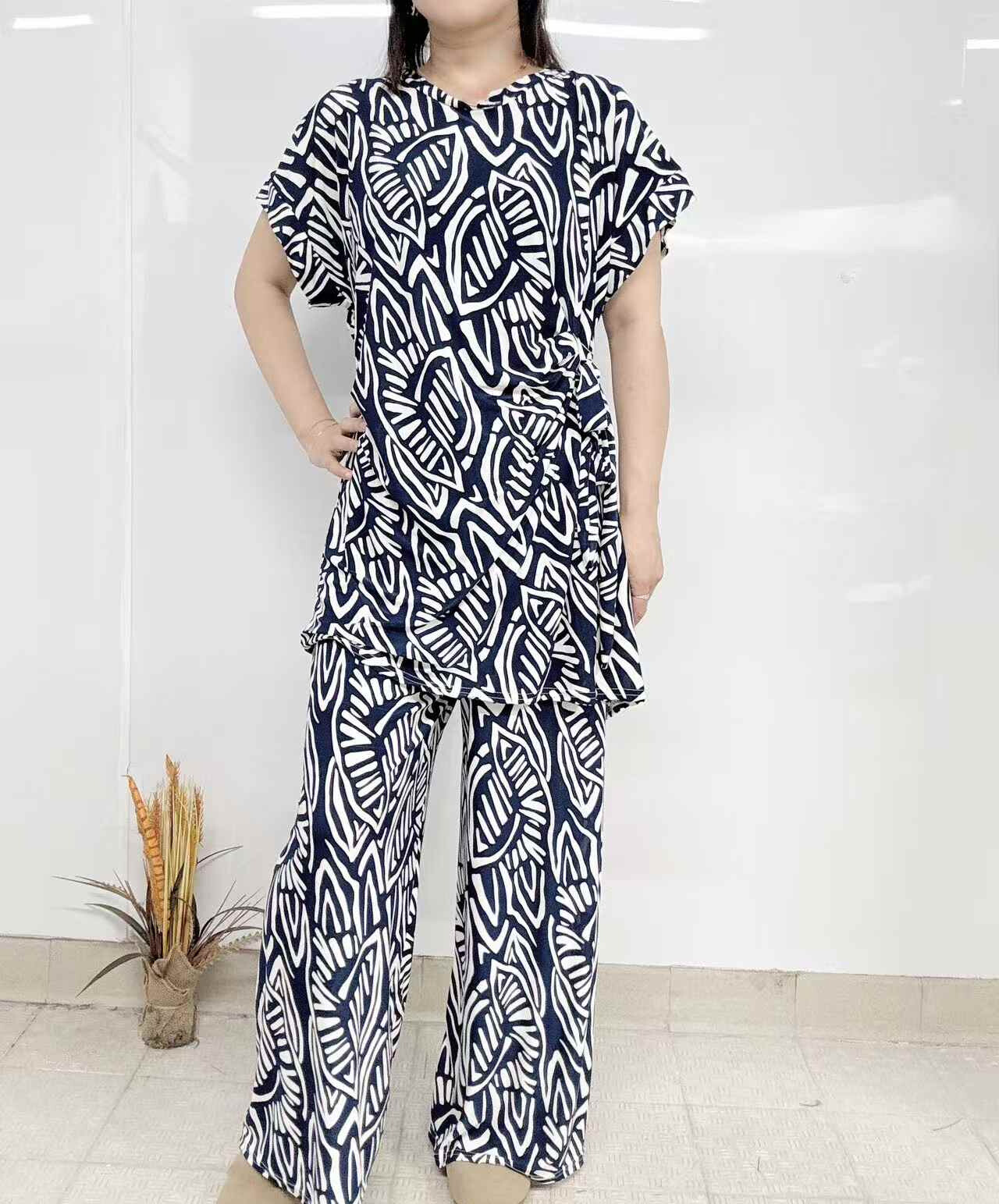 Grossiste I'Mod - Ensemble 2 pièces tunique à noeud et pantalon imprimé fluide