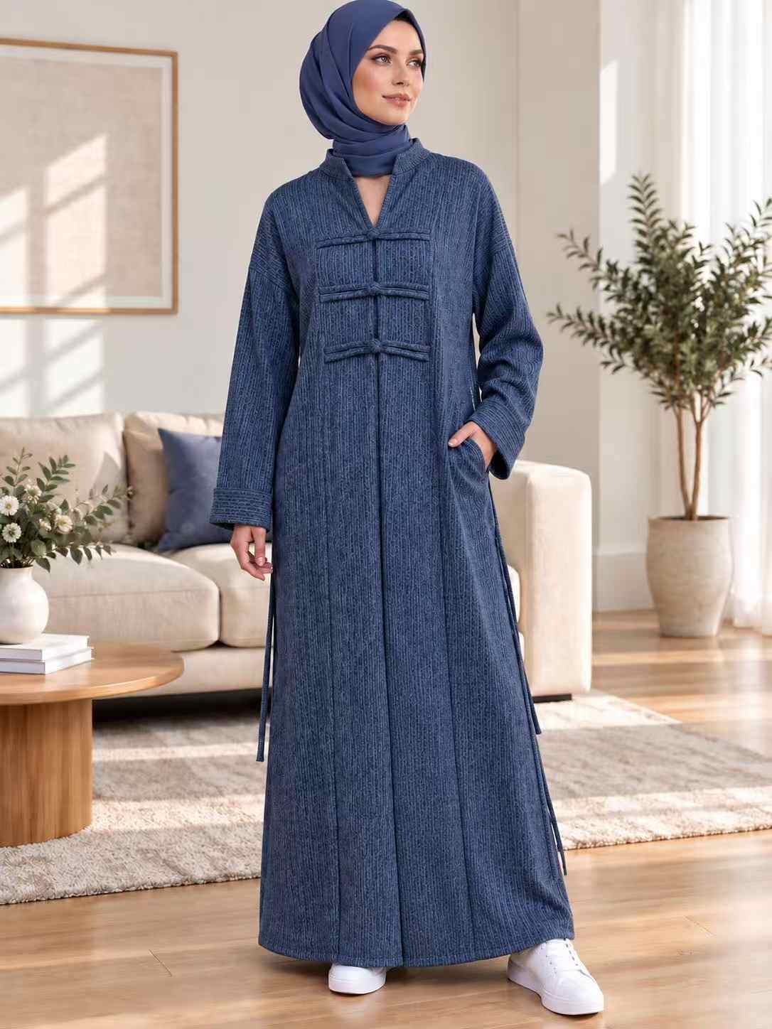 Wholesaler I'Mod - Open-collar knit dress, buttoned and belted with pockets
