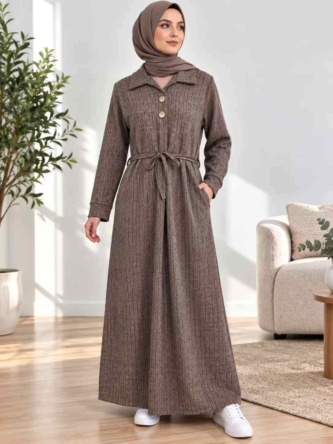 Wholesaler I'Mod - Knit dress with shirt collar, buttoned and belted with pockets