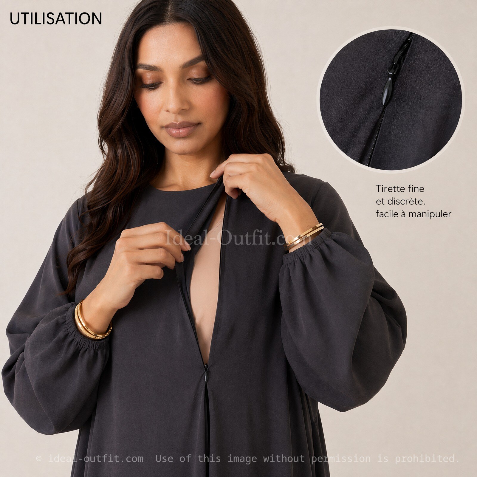 Grossista IDEAL OUTFIT - Abaya da allattamento in seta di Medina con apertura a zip 2508PK