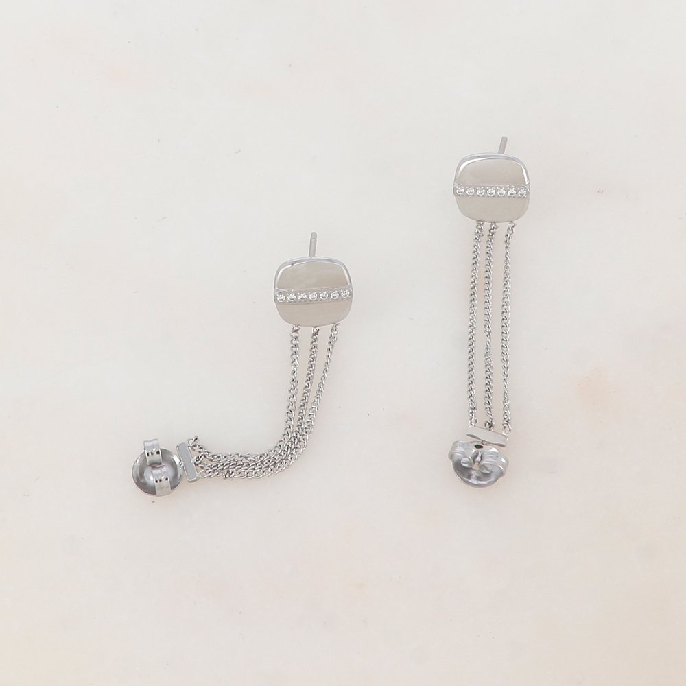 Mayorista Ikita Paris - Pendientes de botón con 3 cadenas y pieza cuadrada redondeada adornada con 7 strass