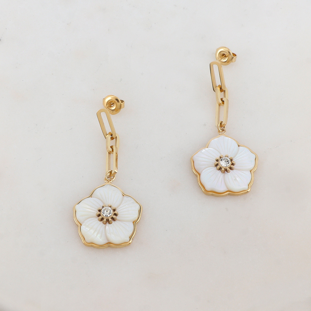 Wholesaler Ikita Paris - Stud earrings with mesh, mother-of-pearl flower, rhinestones