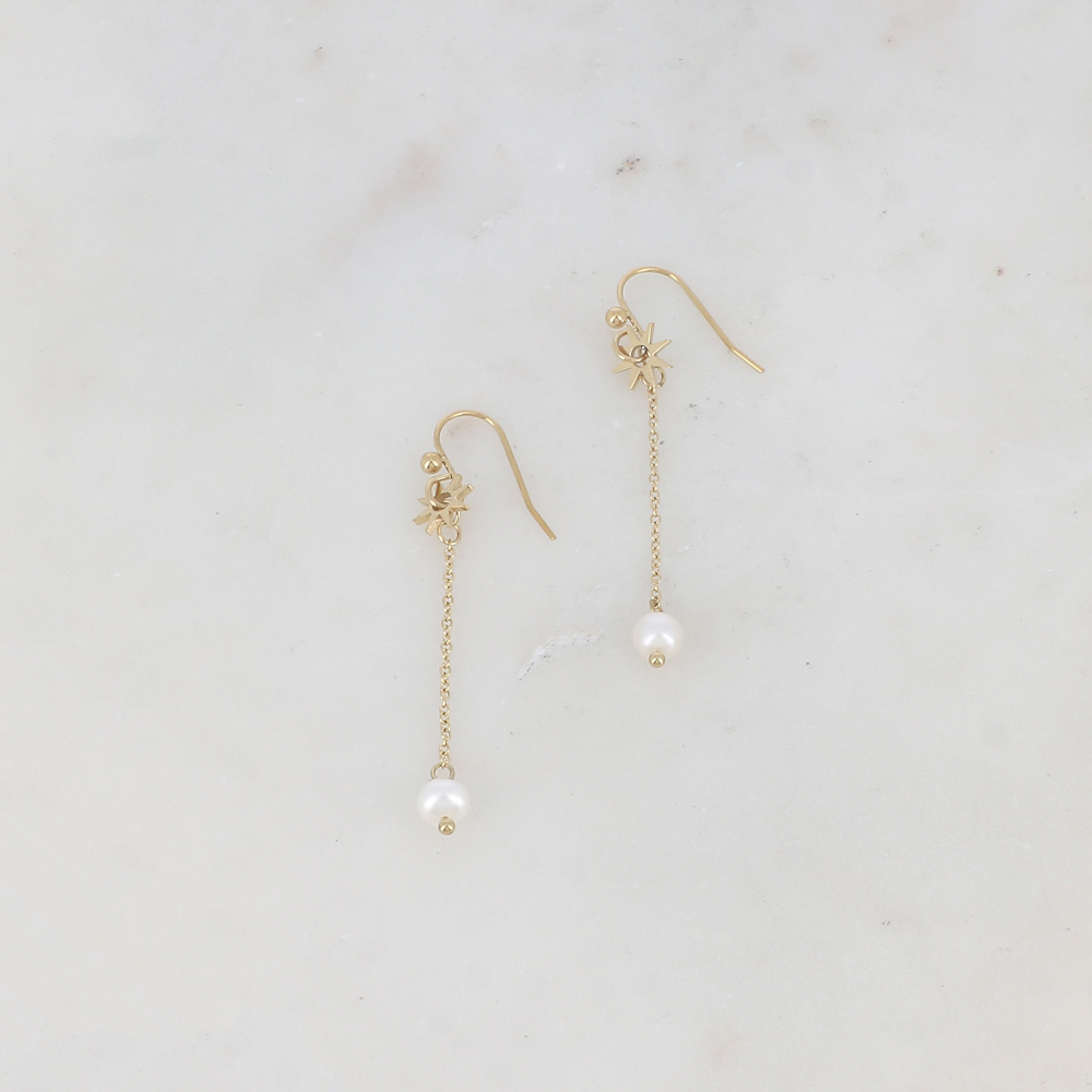 Wholesaler Ikita Paris - Hook earrings with dangling chain, sun, and freshwater pearl
