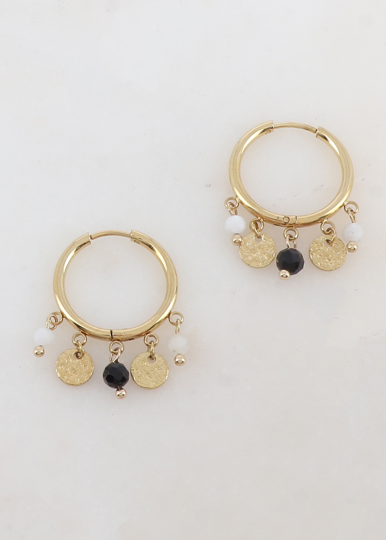 Wholesaler Ikita Paris - Creoles with smooth ring, 2 hammered round pampilles and natural stones