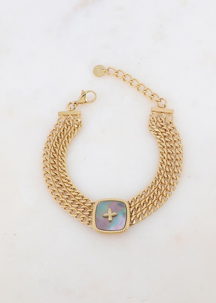 Grossiste Ikita Paris - Bracelet en maille triple rangs avec pièce carrée ornée d'une pierre